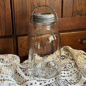 Vintage Glass Jar With Zinc Lid Ball Insert Wire Handle Embossed Logo Rustic